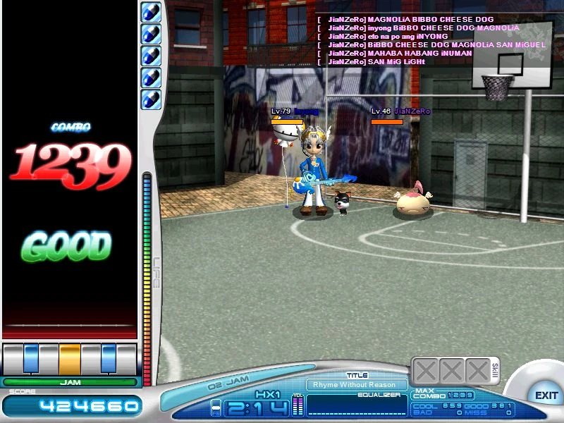 O2Jam classic client mid-play: seven vertical note lanes on the left, a bright anime-styled background, and combo, judgement and score readouts.