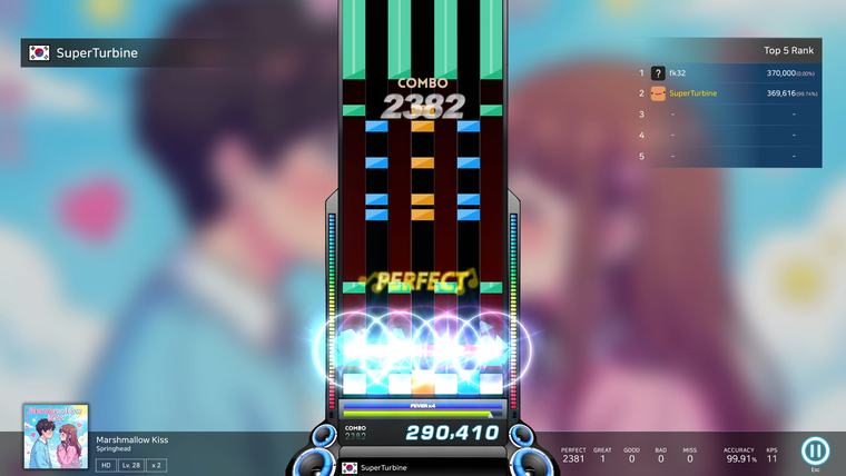 Modern O2Jam gameplay with a character portrait beside the note lanes.